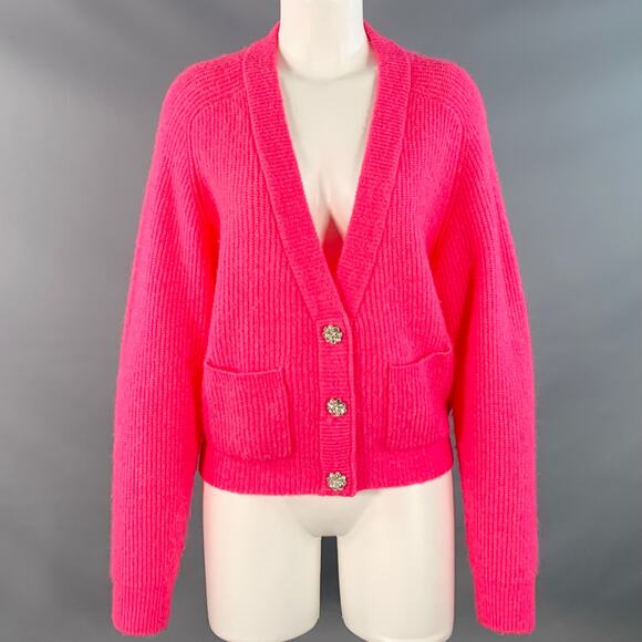 GANNI Size M Hot Pink Alpaca Blend Rhinestones Cropped Cardigan - Picture 1 of 7
